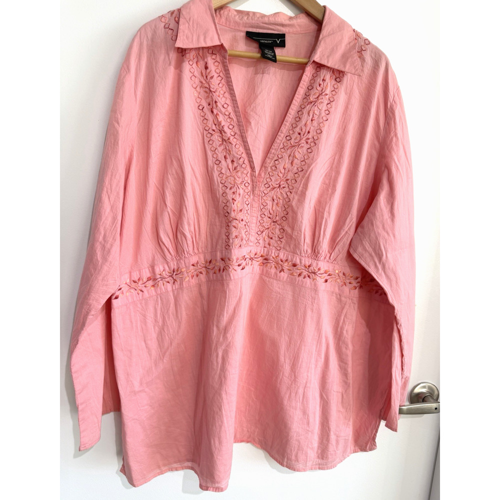 Coral Pink V neck Embroidered Chic lagenlook cotton top tunic Cotton size-26 - Picture 2 of 9